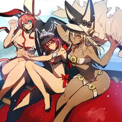  3girls :q bare_shoulders barefoot bikini blue_eyes breasts cleavage commentary_request dark-skinned_female dark_skin elphelt_valentine guilty_gear guilty_gear_2 guilty_gear_xrd hat huge_breasts medium_breasts multiple_girls navel orange_eyes oro_(sumakaita) pink_hair platinum_blonde_hair ramlethal_valentine red_eyes swimsuit thigh_strap tongue tongue_out valentine_(guilty_gear) 