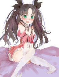  blush bow brown_hair choker fate_(series) female green_eyes long_hair open_mouth ribbon simple_background socks tagicrabbu thighhighs tohsaka_rin twintails 