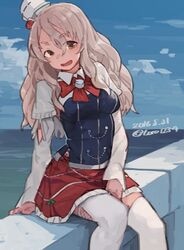  breasts brown_eyes commentary_request dated female grey_hair kantai_collection large_breasts long_hair looking_at_viewer miniskirt pola_(kancolle) sitting skirt solo thighhighs toro_(konirio) twitter_username white_thighhighs zettai_ryouiki 