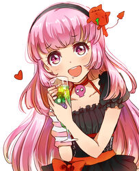  :d collarbone commentary_request cup dress drinking_glass female frilled_sleeves frills glass hairband heart holding holding_cup long_hair looking_at_viewer masaki_(celesta) open_mouth ornament purple_eyes purple_hair saliva simple_background smile solo tokyo_7th_sisters white_background yusa_memoru 