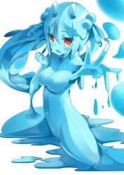  blue_hair blue_skin breasts colored_skin commentary_request female highres long_hair medium_breasts monster_girl nude onasuba original red_eyes slime_(substance) slime_girl solo 