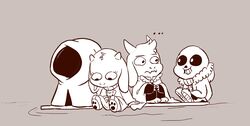  2015 alternate_universe animated_skeleton anthro asgore_dreemurr boat bone boss_monster_(undertale) bovid caprine chibi ellipsis female group hi_res littletale male mammal monochrome mudkipful river_person_(undertale) sans_(undertale) skeleton toriel undead undertale undertale_(series) vehicle water watercraft 