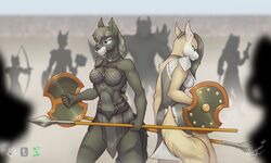  2017 5:3 absurd_res anthro armor blue_eyes braided_hair breasts canid canine canis cleavage clothed clothing coyote digital_media_(artwork) duo_focus female green_eyes group hair hi_res holding_object holding_weapon jessica_vega long_hair mammal melee_weapon polearm reaper3d renvy shield simple_background spear unconvincing_armor weapon wolf 