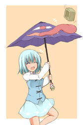  blue_hair closed_eyes commentary_request female garasuita highres karakasa_obake long_sleeves open_mouth purple_umbrella short_hair skirt smile solo tatara_kogasa tongue touhou umbrella 