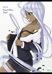  absurdly_long_hair black_sclera breasts character_name colored_sclera commentary_request cowboy_shot dark-skinned_female dark_skin dated doppel_(monster_musume) doppelganger eyes_visible_through_hair female formal gecotan grin happy_birthday letterboxed long_hair monster_musume_no_iru_nichijou necktie off_shoulder partial_commentary signature simple_background skirt skirt_suit small_breasts smile solo suit transformation undressing very_long_hair white_background white_hair yellow_eyes 