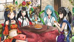  4girls amaterasu_(p&amp;d) ame_no_uzume_(p&amp;d) aqua_hair bad_id bad_pixiv_id bare_shoulders black_hair bottle cup drink flamie_(p&amp;d) food fruit green_eyes green_tea hair_ornament hat konka kotatsu kushinada_(p&amp;d) long_hair looking_at_viewer mandarin_orange multiple_girls navel no_headwear one_eye_closed orange_eyes ponytail puzzle_&amp;_dragons red_eyes sideways_glance smile table tamadra tea yomi_(p&amp;d) yunomi 