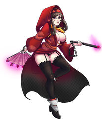  amagi_yukiko black_panties blue_eyes boots breasts brown_hair chains chimerism cleavage female folding_fan fusion garter_straps greenmarine hair_rings hairband hand_fan highres hood japanese_clothes kimono knee_boots kurenai_(red_ninja) large_breasts long_hair neckerchief no_bra nose odin_sphere panties persona persona_4 red_ninja sash showgirl_skirt socks solo striped_clothes striped_thighhighs thighhighs underwear velvet_(odin_sphere) vertical-striped_clothes vertical-striped_thighhighs 