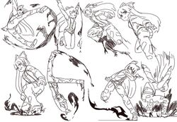  arms_up ass backflip bow capoeira commentary_request female fire fujiwara_no_mokou high_kick jumping kicking kneeling long_hair mashitono_desu monochrome open_mouth smile stomping suspenders touhou 