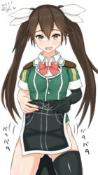  :d asymmetrical_legwear blush brown_eyes brown_hair commentary_request dated elbow_gloves female gloves hair_between_eyes hair_ribbon kantai_collection linfa_(futari_midara) long_hair open_mouth pelvic_curtain ribbon single_elbow_glove single_thighhigh smile solo tabard_lift thighhighs tone_(kancolle) tone_kai_ni_(kancolle) translation_request twintails twitter_username uneven_legwear wavy_mouth white_ribbon 