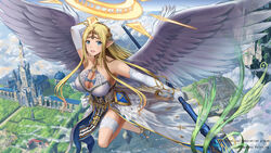  angel angel_wings arch architecture blonde_hair blue_eyes blush breasts castle chains chinese_commentary circlet cleavage cleavage_cutout clothing_cutout cloud commentary_request elbow_gloves female flying from_above gloves halo heart high_heels highres holding holding_polearm holding_weapon huanghyy large_breasts long_hair looking_at_viewer open_mouth original palace photoshop_(medium) pointy_ears polearm sleeveless smile solo spear teeth tower weapon white_gloves wings 