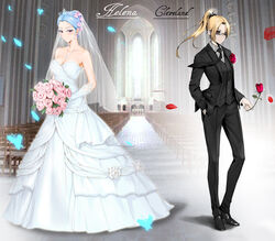  2girls absurdres alternate_hairstyle azur_lane blue_butterfly blue_dress blue_gloves blue_hair bouquet bridal_veil bug butterfly character_name chinese_commentary church cleveland_(azur_lane) commentary_request dress flower formal gloves hair_up helena_(azur_lane) highres indoors laserflip multiple_girls necktie petals photoshop_(medium) ponytail purple_eyes rose rose_petals strapless strapless_dress suit sunglasses veil wedding_dress wife_and_wife yuri 