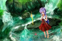  :d bad_id bad_pixiv_id barefoot female hakama hakama_skirt hanyuu haori highres higurashi_no_naku_koro_ni hip_vent horns japanese_clothes long_hair magatama megami_benka miko onigari-no-ryuuou open_mouth own_hands_clasped own_hands_together purple_eyes purple_hair red_hakama river skirt sleeveless smile sword wading water weapon 