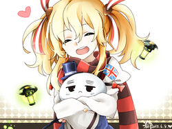  blonde_hair bow closed_eyes commentary_request dated doll female fluorescent_lamp glowworm_(warship_girls_r) hair_between_eyes hair_ribbon happy hat heart holding holding_doll long_sleeves machine mini_hat open_mouth qingzhengyu red_bow red_scarf ribbon scarf shirt short_twintails sidelocks sign simple_background smile solo striped_clothes striped_scarf teeth twintails union_jack upper_body warship_girls_r wavy_hair white_shirt 