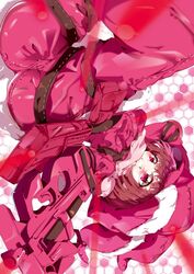  aloe_(kenkou3733) animal_ears ass blush brown_hair bullet_line bullpup commentary_request female gloves gun hat highres llenn_(sao) p-chan_(p90) p90 photoshop_(medium) pink_gloves pink_hat short_hair solo submachine_gun sword_art_online sword_art_online_alternative:_gun_gale_online weapon 