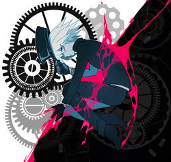  1boy black_footwear black_gloves black_hat black_pants blood blood_splatter blue_eyes bullet closed_mouth commentary_request danganronpa_(series) danganronpa_v3:_killing_harmony fetal_position from_side gakuran gears gloves hand_on_headwear hat k1-b0 long_sleeves looking_at_viewer male_focus medium_hair outstretched_arm pants peaked_cap pink_blood school_uniform shi_jun_ti solo spiked_hair two-tone_background white_hair 