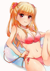  bikini blonde_hair blunt_bangs blush breasts cleavage commentary_request female innertube large_breasts long_hair looking_at_viewer masaki_(celesta) navel red_eyes solo swim_ring swimsuit tokyo_7th_sisters two_side_up uesugi_u._kyouko 