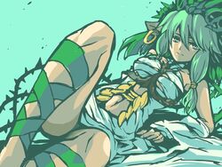  animal_ears aqua_background blue_eyes ceres_(p&amp;d) commentary_request dress earrings female green_hair hair_tubes ishiyumi jewelry long_hair lying navel on_back plant puzzle_&amp;_dragons solo thorns vines white_dress 