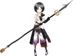  armor black_hair broken broken_armor broken_spear broken_weapon bug dragonfly female full_body gloves hair_ornament holding holding_weapon kanzaki_karuna odaki_(oshiro_project) official_art one_eye_closed oshiro_project:re polearm purple_eyes short_hair solo spear torn_clothes transparent_background weapon 