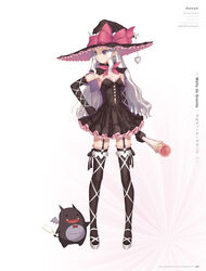  armpits artist_name black_dress black_gloves black_hat black_thighhighs blade_arcus_from_shining bow bowtie breasts character_name choker copyright_name demon_tail dress earrings elbow_gloves female food full_body garter_straps gloves hand_on_own_hip hat heart heart_earrings highres holding holding_staff ice_cream jewelry long_hair looking_away melty_(shining_hearts) melty_de_granite oerba_yun_fang open_mouth pointy_ears purple_eyes red_bow shining_(series) shining_hearts silver_hair small_breasts solo sorbe_(shining_hearts) staff standing strapless strapless_dress tail thighhighs tony_taka witch_hat 