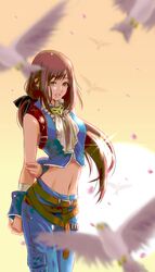  black_hair breasts brown_eyes commentary_request cosplay denim female final_fantasy final_fantasy_ix garnet_til_alexandros_xvii gloves holixholi long_hair looking_at_viewer low-tied_long_hair medium_breasts midriff navel shorts smile solo zidane_tribal zidane_tribal_(cosplay) 