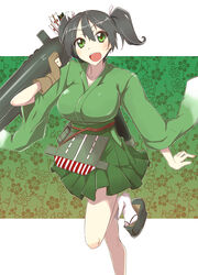  :d arrow_(projectile) black_hair blush breasts commentary_request female gloves green_eyes highres japanese_clothes kantai_collection large_breasts looking_at_viewer okobo open_mouth partially_fingerless_gloves photoshop_(medium) quiver ribbon sandals short_hair single_glove skirt smile solo souryuu_(kancolle) twintails wide_sleeves yugake yuuma_(noel) 