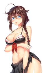  adapted_costume ahoge alternate_breast_size bad_id bad_twitter_id bikini black_bikini blue_eyes blush braid breasts brown_hair collarbone covering_crotch covering_privates cowboy_shot embarrassed female hair_between_eyes hair_flaps hand_on_own_arm highres holding_own_arm kantai_collection large_breasts long_hair looking_at_viewer navel ntk_(7t5) open_mouth sailor_bikini sailor_collar sarong shigure_(kancolle) shigure_kai_ni_(kancolle) shiny_skin simple_background solo strap_gap swimsuit thighs white_background 