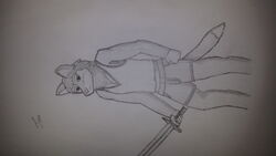  16:9 anthro arc-blade arc-blade_sword bottomwear canid canine clothed clothing embers felid fox graphite_(artwork) hybrid jon_(disambiguation) lion male mammal mange melee_weapon monochrome pantherine pencil_(artwork) shorts sideways sleeveless_shirt solo story story_in_description sword traditional_media_(artwork) weapon widescreen 