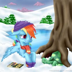  1:1 2016 armor blue_body blue_feathers bodily_fluids brown_body brown_feathers clothing daring_do_(mlp) duo equid equine feathered_wings feathers female feral friendship_is_magic hair hasbro hat headgear headwear helmet male mammal multicolored_hair my_little_pony mythological_creature mythological_equine mythology pegasus pith_helmet plant rainbow_dash_(mlp) reptile scalie scarf snow swanlullaby tank_(mlp) tears tortoise tree turtle wings 