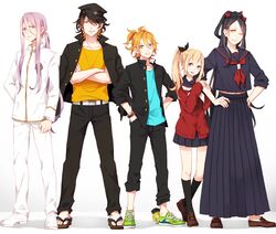  5boys alternate_hairstyle black_socks blonde_hair blue_eyes bracelet brown_hair commentary_request crossdressing crossed_arms delinquent full_body gakuran geta green_eyes hachisuka_kotetsu hair_ribbon hands_in_pockets hands_on_own_hips hat highres jacket jacket_on_shoulders jewelry jirou_tachi kamekichi long_hair long_skirt looking_at_viewer male_focus midare_toushirou multicolored_hair multiple_boys nagasone_kotetsu one_eye_closed orange_hair otoko_no_ko parted_lips pleated_skirt ponytail purple_hair ribbon school_uniform serafuku shoes simple_background skirt socks standing sukeban touken_ranbu turtle two-tone_hair urashima_kotetsu very_long_hair white_background yellow_eyes yugake_(mrnmrm) 