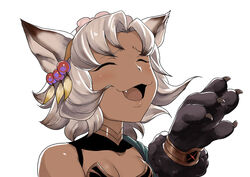  :3 animal_ears animal_hands breasts cat_ears cat_paws cleavage closed_eyes commentary_request dark-skinned_female dark_skin erune female flower granblue_fantasy hair_flower hair_ornament k2isu medium_breasts melleau oerba_yun_fang open_mouth photoshop_(medium) simple_background solo white_background white_hair 