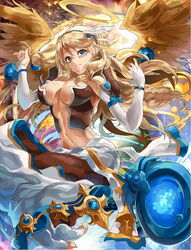  angel archangel_(p&amp;d) bad_id bad_pixiv_id barefoot blonde_hair blue_eyes breasts elbow_gloves female fingerless_gloves glasses gloves grin halo head_wings himuro_shunsuke large_breasts long_hair looking_at_viewer navel puzzle_&amp;_dragons red-framed_eyewear skirt smile solo staff toeless_legwear toes wings 