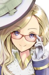  adjusting_eyewear azur_lane bespectacled blonde_hair blue_eyes commentary_request female glasses gloves hair_over_shoulder hat head_tilt hige_qr hood_(azur_lane) long_hair looking_at_viewer red-framed_eyewear solo upper_body white_gloves 