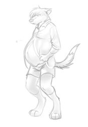  anthro avoid_posting bottomwear button_(fastener) canid canine canis clothing digitigrade dingo fur kairyu-shin male mammal mehndix monochrome pregnant pregnant_male shirt shorts simple_background solo topwear 