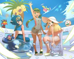  +++ 3girls ;d alolan_exeggutor arm_up armpits balcony bare_arms bare_shoulders bean_bag_chair blonde_hair blue_eyes blue_hair blue_pants blue_ribbon blue_sailor_collar blue_sky blunt_bangs bounsweet braid breasts bright_pupils capri_pants chair closed_mouth cloud commentary_request dark-skinned_female dark_skin day dress eden_(edenaldojj) flower from_behind green_eyes green_footwear green_hair hair_flower hair_ornament hairband hand_rest hat hat_ribbon highres kneehighs lana_(pokemon) light_particles lillie_(pokemon) litten long_hair looking_at_viewer looking_back mallow_(pokemon) multiple_girls one-piece_swimsuit one_eye_closed open_mouth outdoors overalls pants pink_shirt pokemon pokemon_(creature) pokemon_sm popplio ribbon rowlet sailor_collar see-through shirt shoes short_hair sitting sky sleeping sleeveless sleeveless_dress sleeveless_shirt small_breasts smile socks standing starter_pokemon_trio strapless sun_hat sundress swept_bangs swimsuit swimsuit_under_clothes teeth tube_top twin_braids twintails waving white_dress white_footwear white_hat white_shirt wooden_floor yellow_hairband zzz 