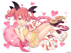  :d bare_arms bare_shoulders bat_hair_ornament black_legwear blush breasts cheerleader collarbone commentary_request crop_top demon_girl emelia_pris female finger_to_mouth full_body hair_between_eyes hair_ornament heart heart-shaped_pillow heart_print kneehighs knees_up light_particles looking_at_viewer looking_to_the_side midriff miniskirt monmusu_harem namaru_(summer_dandy) navel official_art open_mouth photoshop_(medium) pillow pink_eyes pink_hair pink_legwear pink_skirt pointy_ears pom_pom_(cheerleading) pop-up_story print_pillow reclining sandals short_hair short_twintails simple_background skirt slit_pupils small_breasts smile socks solo sparkle star_(symbol) star_print striped_clothes striped_thighhighs thighhighs tsurime twintails unworn_legwear unworn_skirt white_background white_socks yellow_skirt 