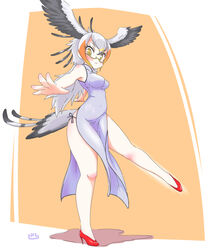  alternate_costume artist_name bird_tail blonde_hair blush china_dress chinese_clothes commentary_request dress feathered_wings feathers female glasses grey_hair head_wings high_heels highres kemono_friends long_hair multicolored_hair orange_hair secretarybird_(kemono_friends) solo standing standing_on_one_leg tail uho_(uhoyoshi-o) white_background wings yellow_eyes 