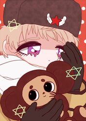  axis_powers_hetalia black_gloves black_hat blonde_hair cheburashka christmas commentary commentary_request eyebrows eyelashes fur_hat gena_the_crocodile_and_his_friends gloves hat helloneko hexagram jacket kakarda mixed-language_commentary partial_commentary purple_eyes red_star russia_(hetalia) russian_commentary scarf snow snowing solo soviet star_(symbol) star_of_david uniform ushanka winter 