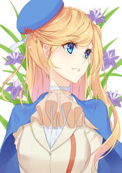  5plus alternate_costume blade_of_grass blonde_hair blouse blue_cape blue_eyes blue_hat braid cape coat commentary_request crown_braid eyelashes female floral_background floral_print flower frills hat highres iris_(flower) long_hair looking_to_the_side open_mouth photoshop_(medium) purple_flower ribbon richelieu_(warship_girls_r) shirt smile solo upper_body warship_girls_r white_background white_coat white_shirt 