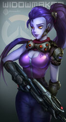  bodysuit bouffant breasts center_opening cleavage colored_skin commentary daemonstar english_commentary female gun hair_pulled_back highres long_hair medium_breasts overwatch overwatch_1 pink_bodysuit ponytail purple_hair purple_skin redesign rifle sniper_rifle solo very_long_hair weapon widowmaker_(overwatch) yellow_eyes 