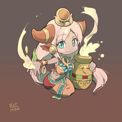  animal_ears ankh blue_eyes bracer breasts chibi commentary_request cow_ears cow_girl cow_horns dark-skinned_female dark_skin earrings egyptian female gradient_background hathor_(p&amp;d) headpiece horn_ornament horn_ring horns jar jewelry large_breasts long_hair milk photoshop_(medium) pink_hair puzzle_&amp;_dragons sitting smile solo tennohi very_long_hair 