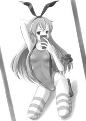  cellphone commentary_request competition_swimsuit female greyscale kantai_collection long_hair mirror monochrome one-piece_swimsuit phone reflection selfie shimakaze_(kancolle) striped_clothes striped_thighhighs swimsuit thighhighs tk4 