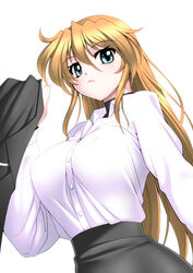  :&lt; blonde_hair blue_eyes breasts clothes_removed dress_shirt erect_nipples female female highres hips jacket large_breasts long_hair looking_at_viewer lyrical_nanoha mahou_shoujo_lyrical_nanoha_strikers military military_uniform sakura_ryuuken serious shiny shiny_skin shirt simple_background skirt solo standing taut_clothes taut_shirt teana_lanster uniform white_background 