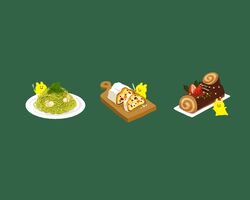  basil_leaf commentary_request cutting_board english_text food food_focus fork fruit green_background hat holding holding_fork holding_knife knife leaf log no_humans nona_drops noodles original pasta plate santa_hat shrimp simple_background spaghetti strawberry torrone yule_log_(cake) 