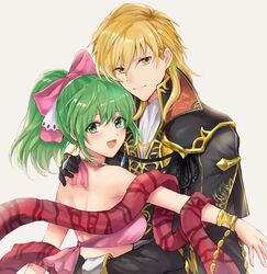  1boy anklet ares_(fire_emblem) armor blonde_hair blush bow bracelet breasts cape collar commentary couple dancer earrings female fire_emblem fire_emblem:_genealogy_of_the_holy_war green_eyes green_hair hairbow jewelry lene_(fire_emblem) long_hair medium_breasts open_mouth ponytail sash short_hair sidelocks simple_background smile straight sword weapon white_background wspread 