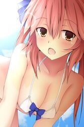  animal_ears bikini breasts cleavage collarbone commentary_request covered_nipples fate/extra fate_(series) female fox_ears hair_ribbon highres large_breasts looking_at_viewer oerba_yun_fang official_alternate_costume open_mouth pink_hair ribbon solo swimsuit tamamo_(fate) tamamo_no_mae_(fate/extra) tamamo_no_mae_(sexy_bikini)_(fate) winter_(winterinkoakuma) yellow_eyes 