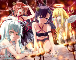  4girls angel angel_wings bad_id bad_pixiv_id bare_shoulders bed black_hair blonde_hair blue_eyes blurry blush breast_press breast_rest breasts candle come_hither commentary_request cross_hair_ornament demon demon_girl demon_wings depth_of_field gabriel_dropout gabriel_tenma_white hair_ornament hallelujah_essaim halo highres horns indoors large_breasts light_particles midriff multiple_girls navel odd_one_out oerba_yun_fang one_eye_closed open_mouth parted_lips purple_eyes raphiel_shiraha_ainsworth red_eyes red_hair revision rubbing_eyes satanichia_kurumizawa_mcdowell sazanka seductive_smile sideboob small_breasts smile vignette_tsukinose_april white_hair wings yellow_eyes 