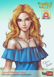  artist_name bangs blonde_hair blue_dress closed_mouth commentary david_mccartney dress english_commentary english_text female haley_(stardew_valley) highres jewelry jpeg_artifacts long_hair looking_at_viewer necklace off-shoulder_dress off_shoulder parted_bangs pink_lips solo stardew_valley watermark web_address youtube_logo youtube_username 