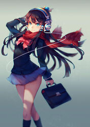  arm_behind_head bag blue_skirt bow commentary_request female hair_tubes handbag headphones holding holding_bag isis_(p&amp;d) long_sleeves miniskirt photoshop_(medium) pink_bow pleated_skirt puzzle_&amp;_dragons red_scarf scarf school_uniform skirt smile solo vienri 