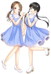  2girls :d black_hair blue_dress blue_scrunchie blush brown_hair closed_mouth commentary_request copyright_request crescent crescent_hair_ornament dress fingernails green_eyes green_nails hair_ornament hair_scrunchie head_tilt heart heart_hands heart_hands_duo high_heels highres holding_hands inahori long_hair looking_at_viewer low_twintails multiple_girls nail_polish open_mouth pink_nails puffy_short_sleeves puffy_sleeves red_eyes scrunchie shirt shoes short_sleeves simple_background sleeveless sleeveless_dress smile standing standing_on_one_leg star_(symbol) star_hair_ornament swept_bangs twintails very_long_hair white_background white_footwear white_shirt 