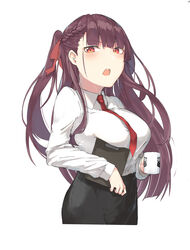  absurdres black_skirt blush breast_press breasts clipboard collared_shirt commentary_request cup female girls&#039;_frontline hair_ribbon half_updo high-waist_skirt highres holding holding_clipboard holding_cup large_breasts long_hair long_sleeves looking_at_viewer necktie one_side_up open_mouth purple_hair red_eyes ribbon shirt simple_background skindentation skirt solo tittu tsundere tsurime very_long_hair wa2000_(girls&#039;_frontline) white_background white_shirt 